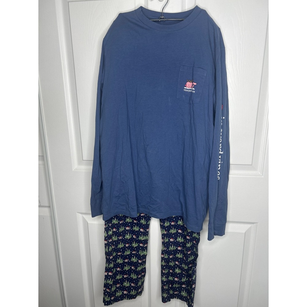 Vineyard Vines Christmas Pajama Set Blue Holiday Whale XL Top Small Bottom PJs